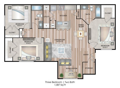Three Bedroom / Two Bath - 1,187 Sq.Ft.*